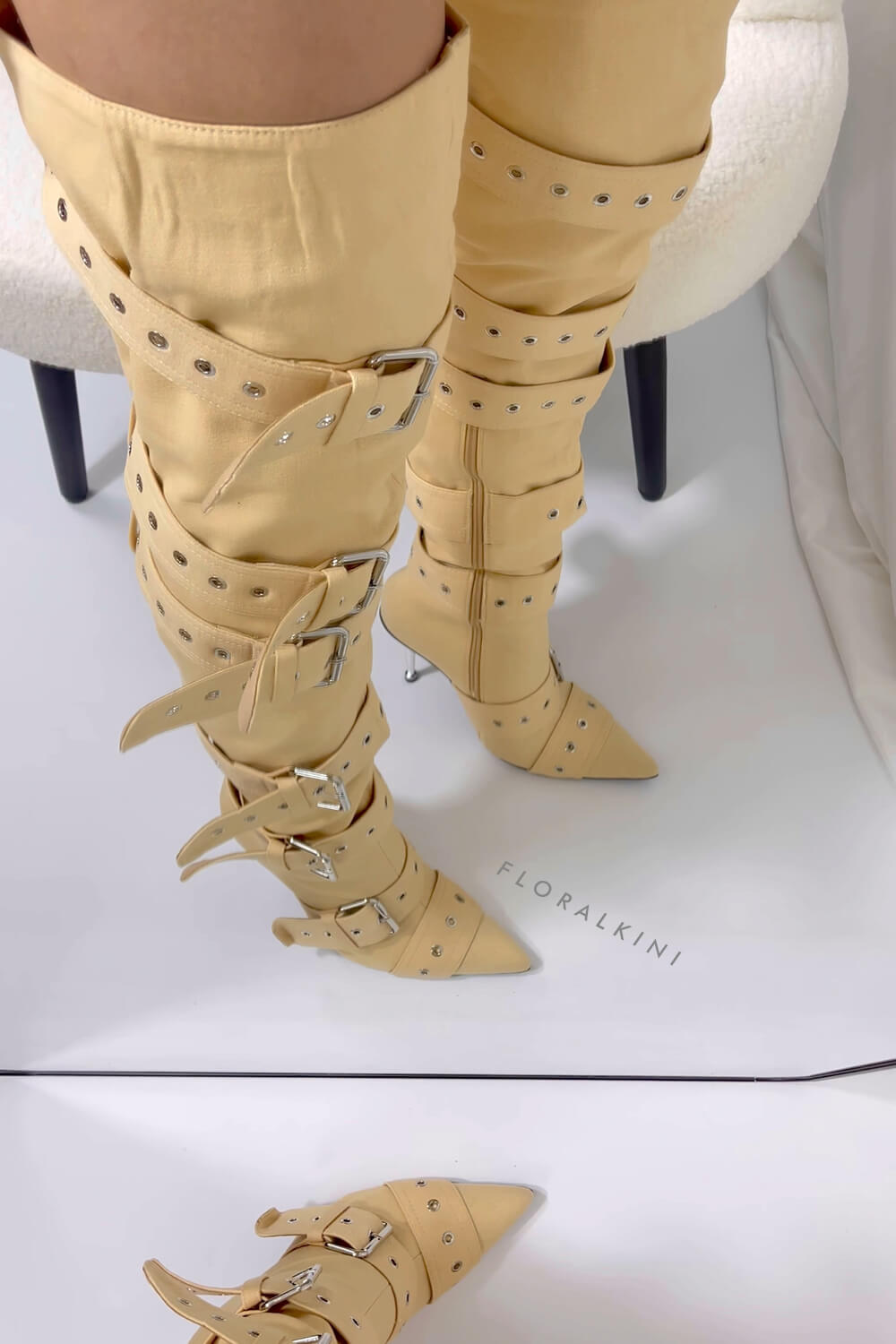 Multi Buckle Pointed Toe Thigh High Stiletto Heel Boots - Khaki