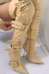 Multi Buckle Pointed Toe Thigh High Stiletto Heel Boots - Khaki