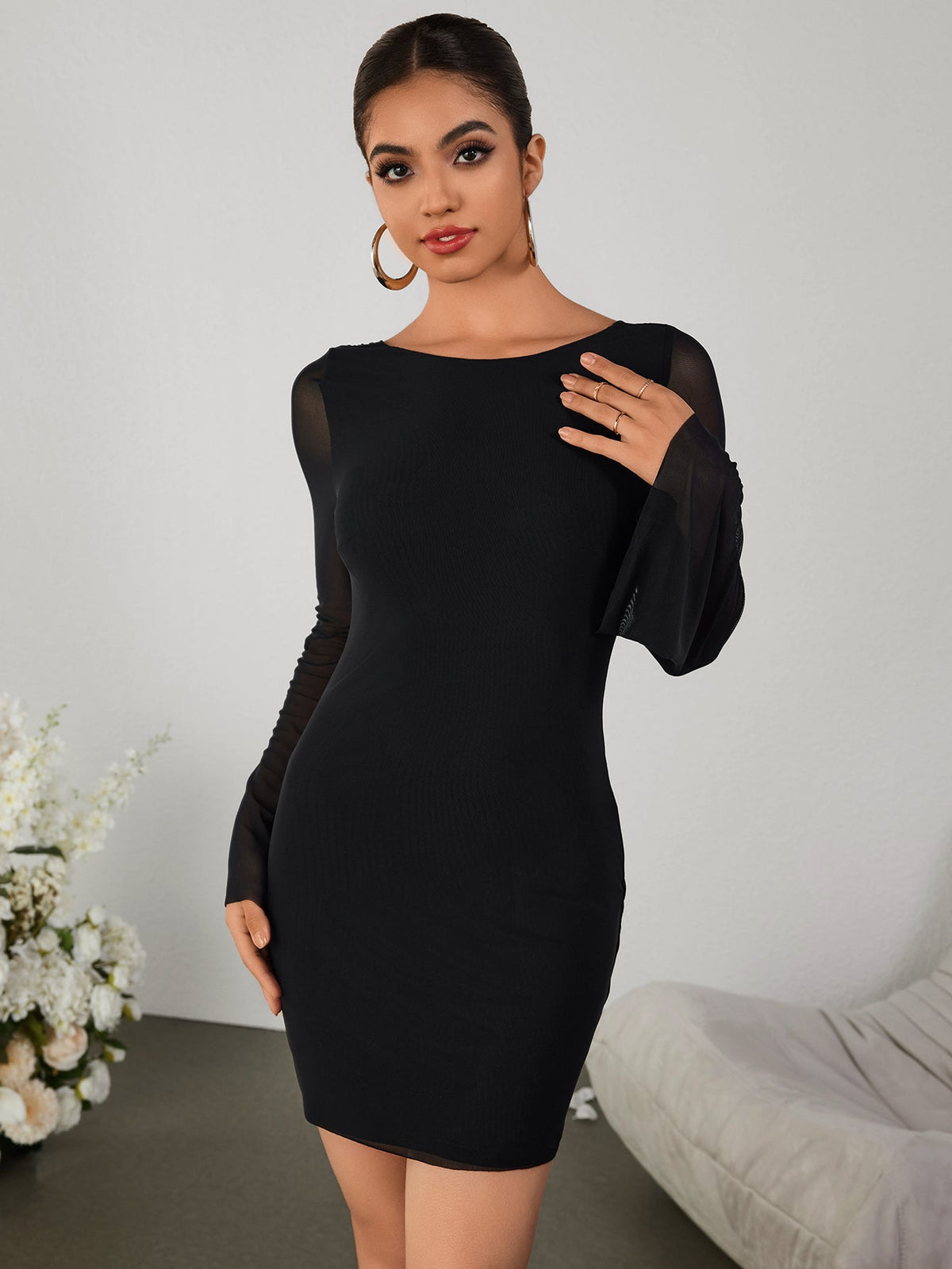 Round-neck Panelled Long-sleeved Gown Dress