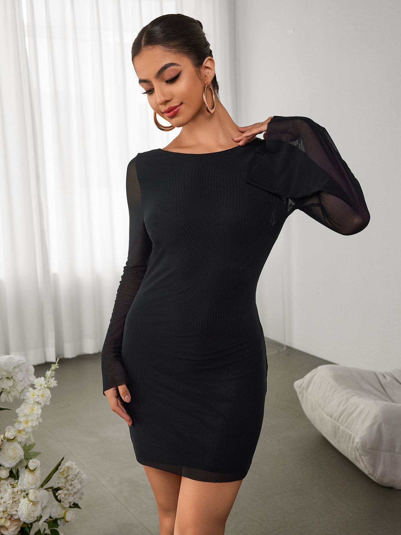 Round-neck Panelled Long-sleeved Gown Dress