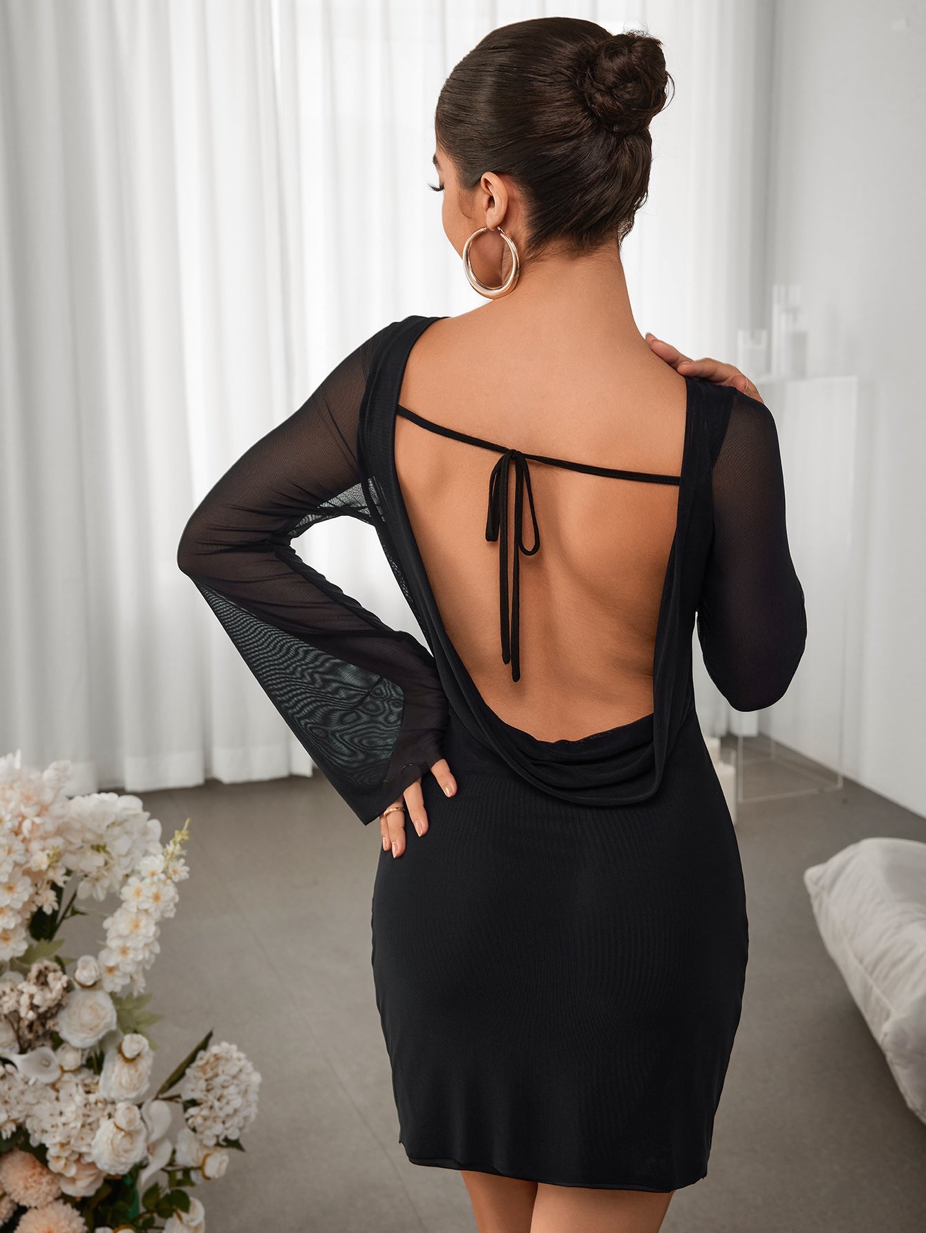 Round-neck Panelled Long-sleeved Gown Dress