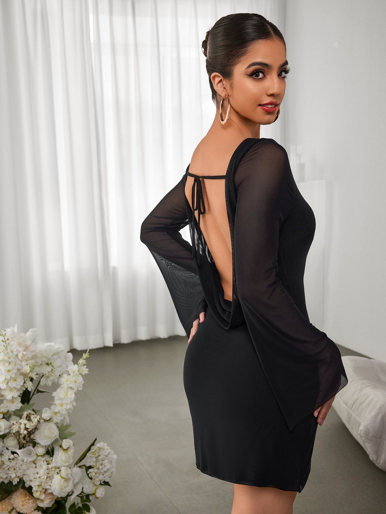 Round-neck Panelled Long-sleeved Gown Dress