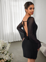 Round-neck Panelled Long-sleeved Gown Dress