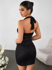 Lace Sheer V-neck Halterneck Open-pack Hip Dress