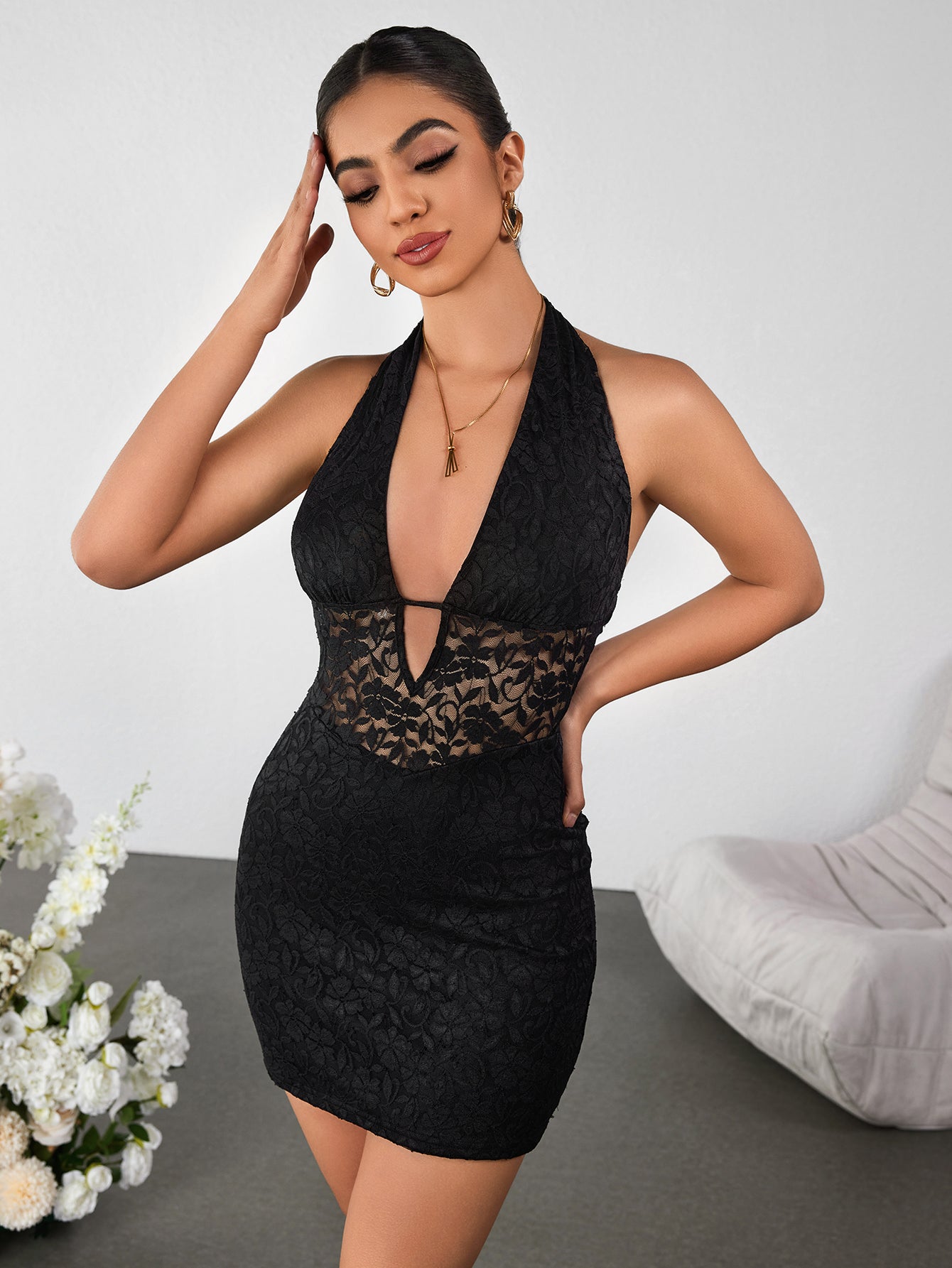 Lace Sheer V-neck Halterneck Open-pack Hip Dress