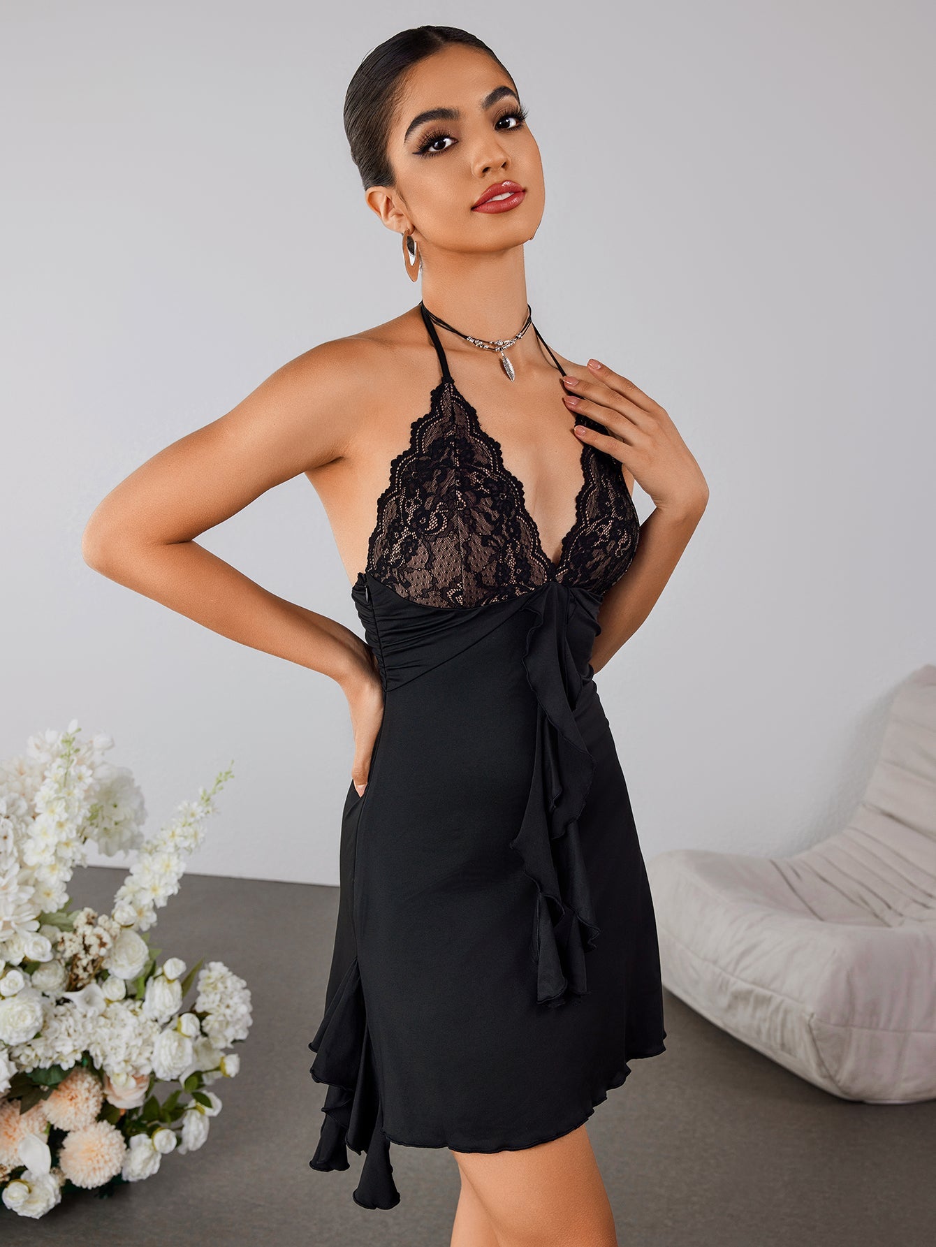 Sexy Ruffled Lace Suspender Deep V Tie Open Backpack Bodycon Dress