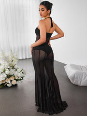 Sexy Mesh Sheer Halterneck Tie Solid Slim Dress