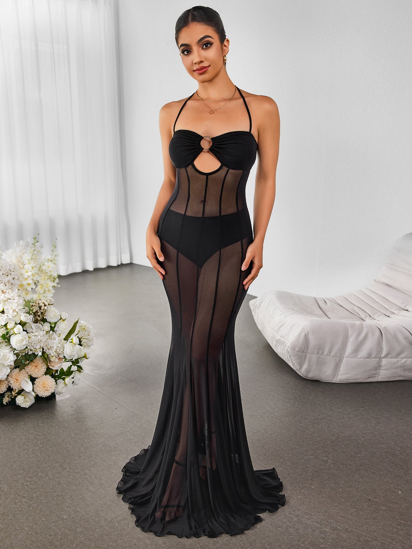 Sexy Mesh Sheer Halterneck Tie Solid Slim Dress