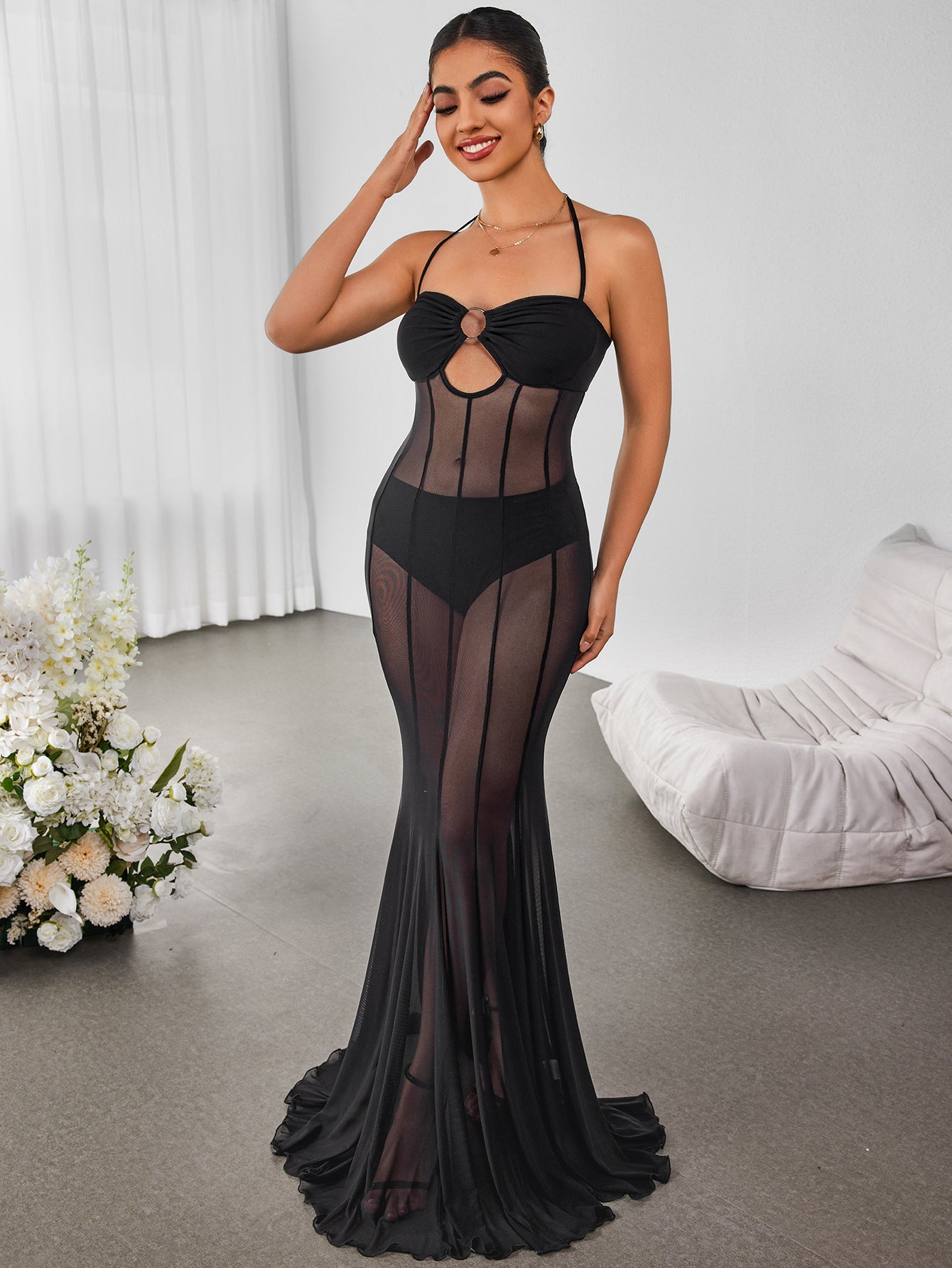 Sexy Mesh Sheer Halterneck Tie Solid Slim Dress