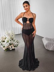 Sexy Mesh Sheer Halterneck Tie Solid Slim Dress