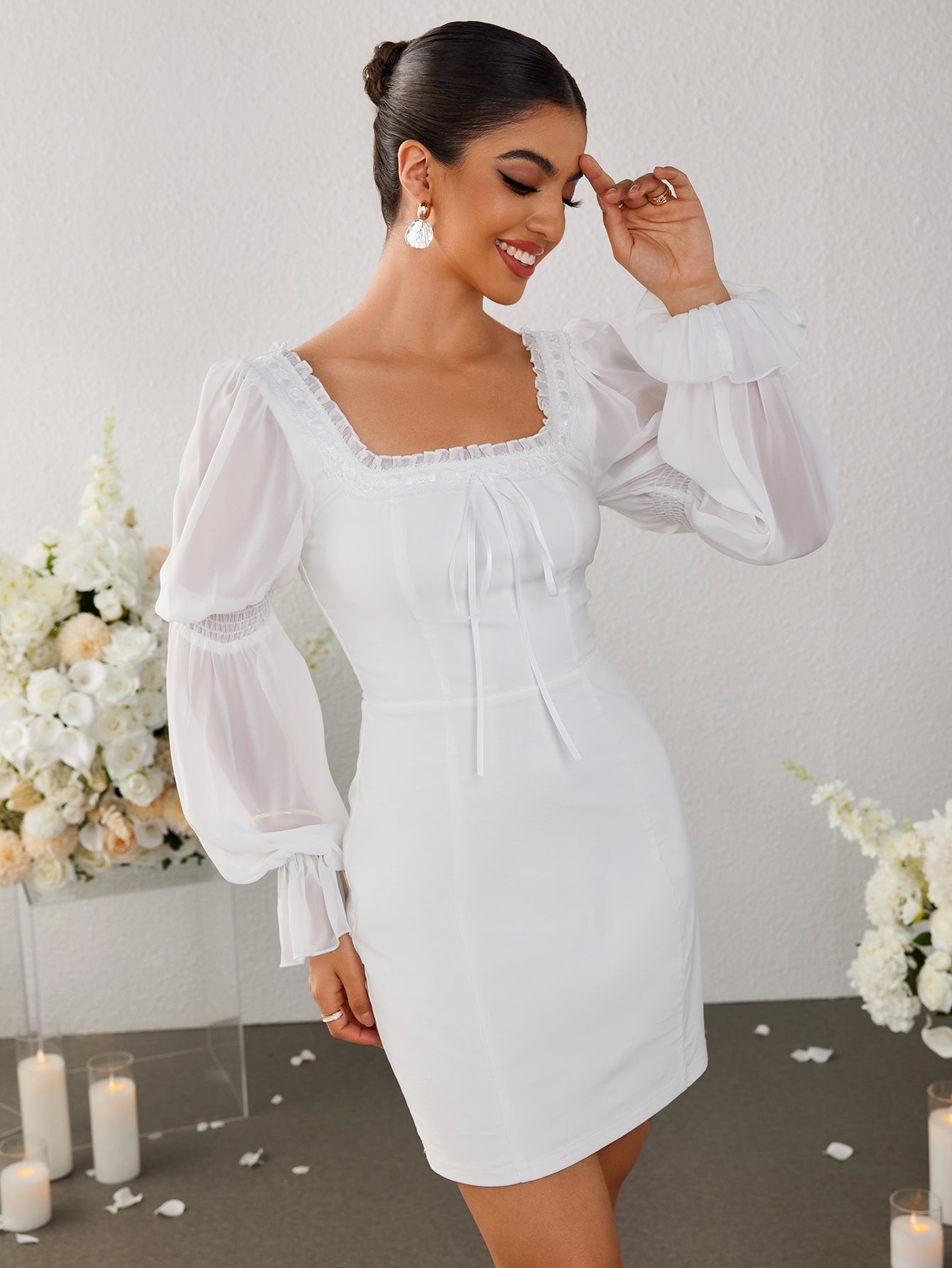 Temperament Slim-Fitting Mesh Square-neck Dress