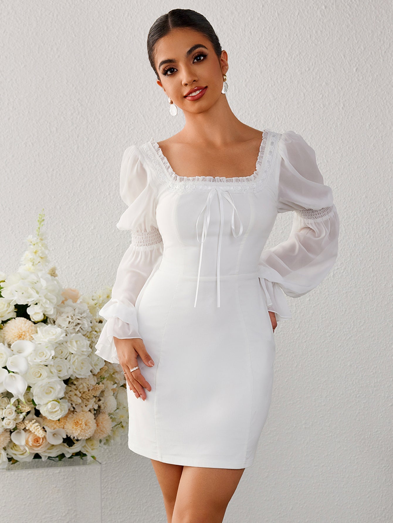 Temperament Slim-Fitting Mesh Square-neck Dress