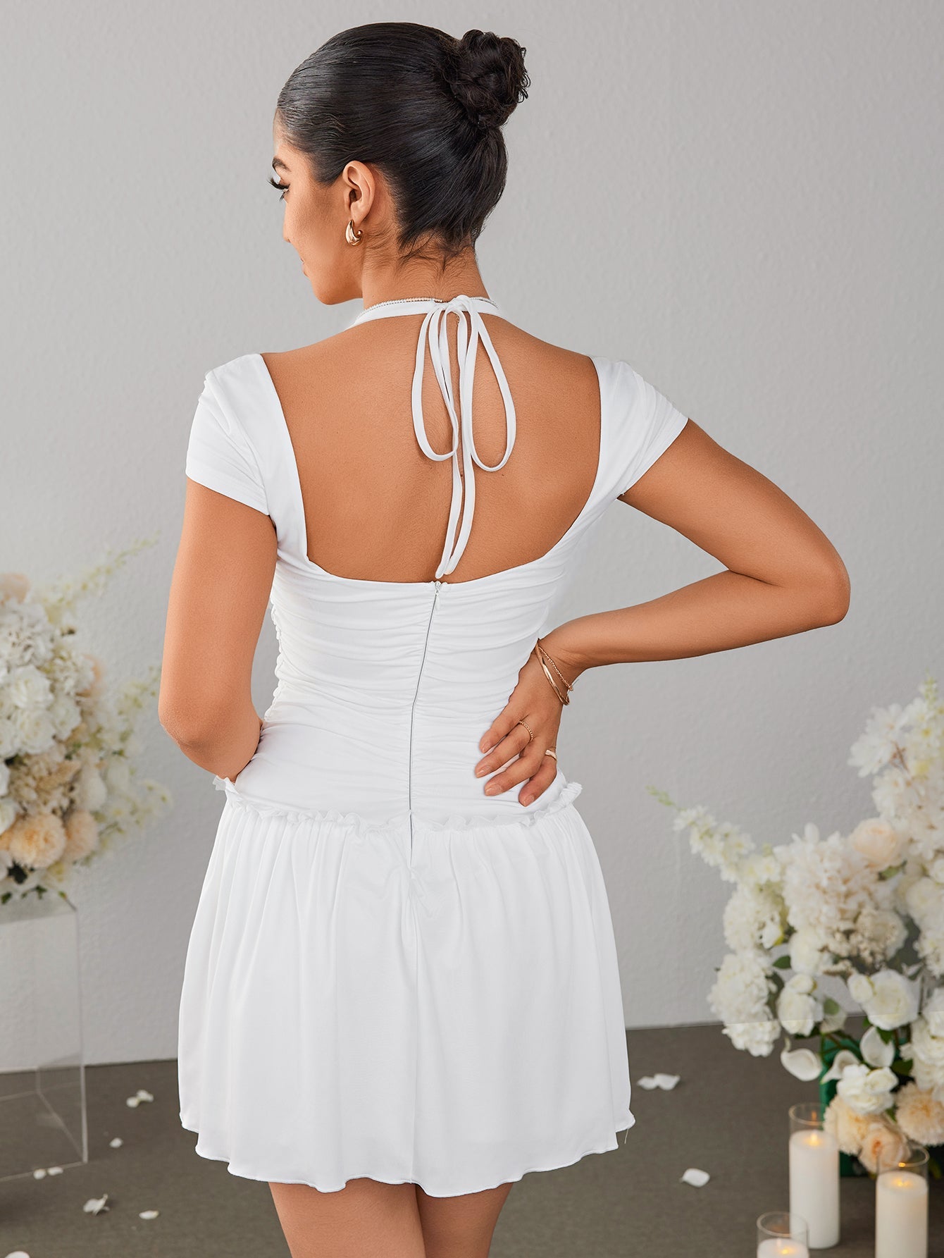 Sexy Cut-Out Cinched Waist Pleated Halterneck Tie Dress