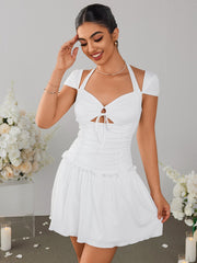 Sexy Cut-Out Cinched Waist Pleated Halterneck Tie Dress