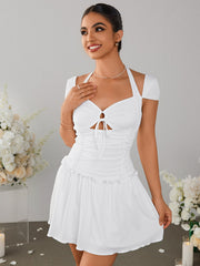 Sexy Cut-Out Cinched Waist Pleated Halterneck Tie Dress