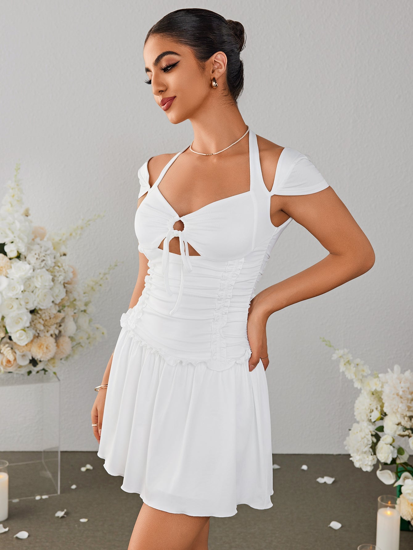 Sexy Cut-Out Cinched Waist Pleated Halterneck Tie Dress