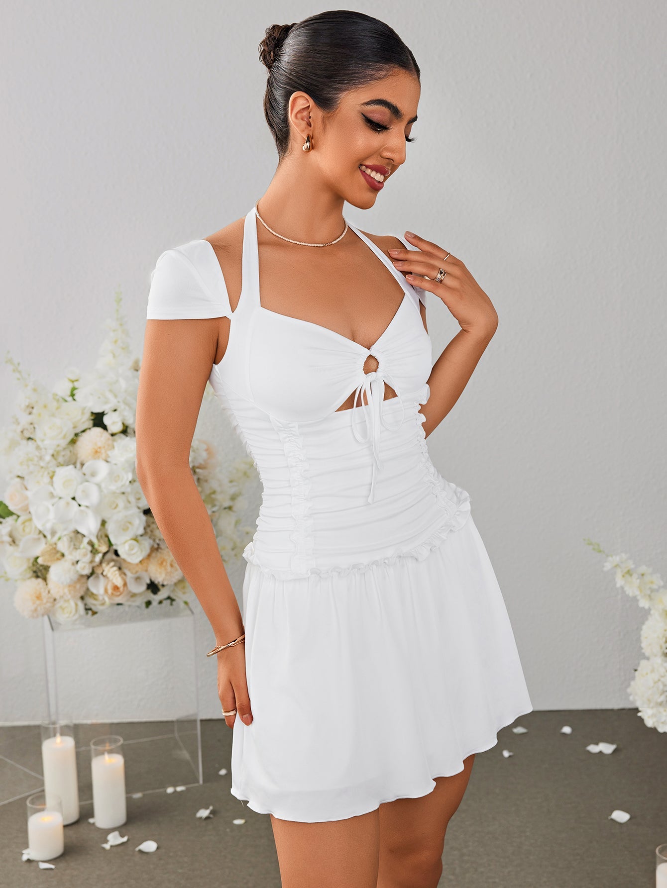 Sexy Cut-Out Cinched Waist Pleated Halterneck Tie Dress