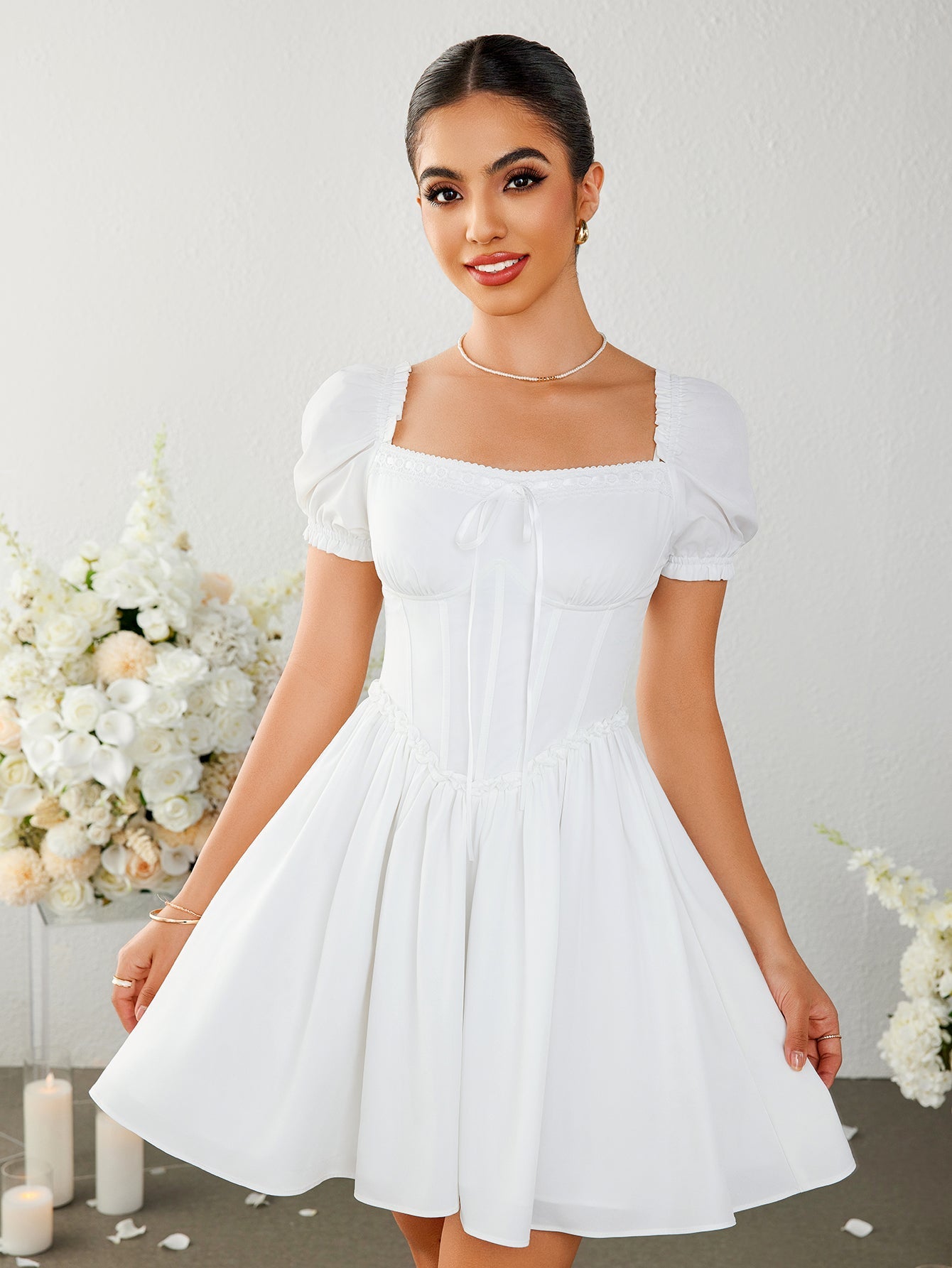 Pleated Square-neck Puff Sleeve Mini Dress
