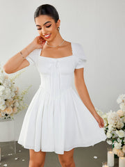 Pleated Square-neck Puff Sleeve Mini Dress