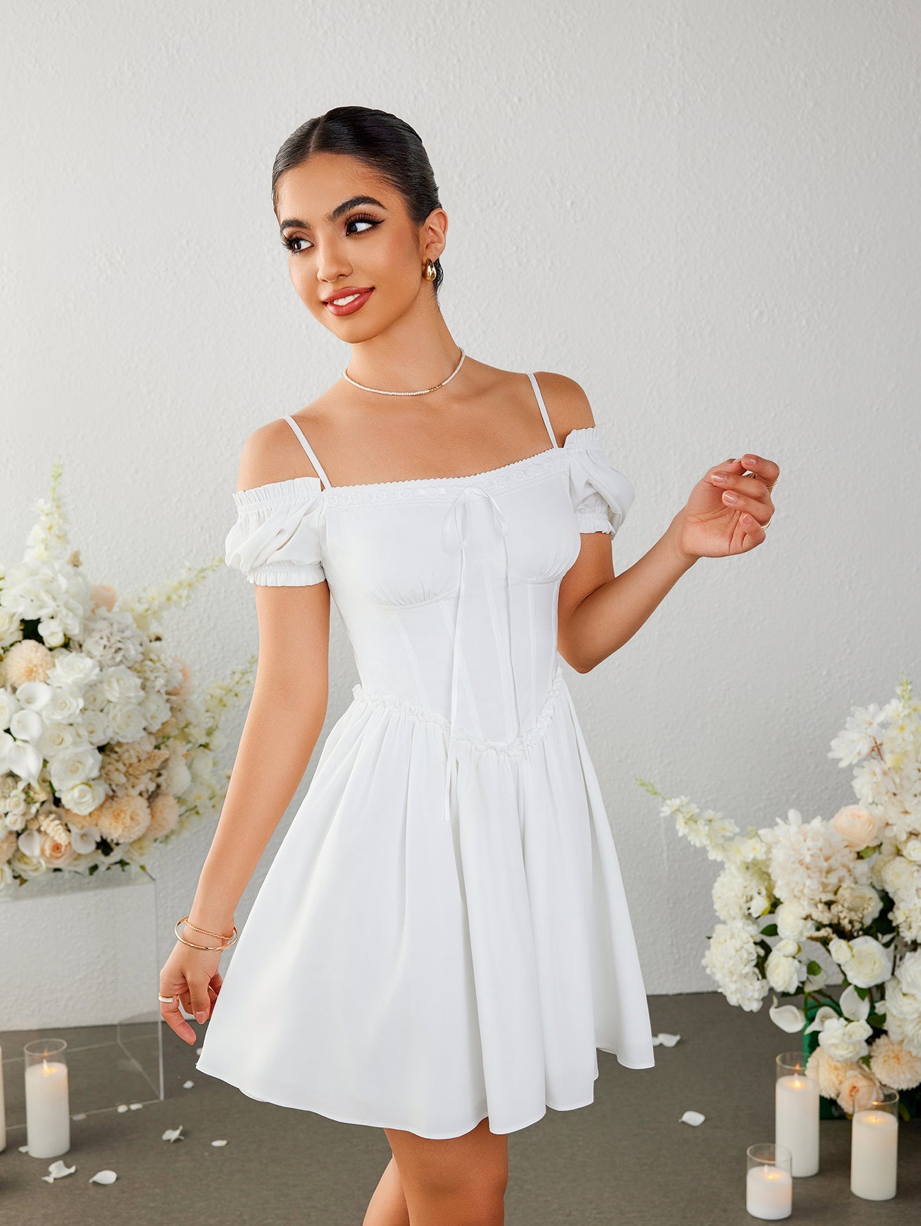 Pleated Square-neck Puff Sleeve Mini Dress