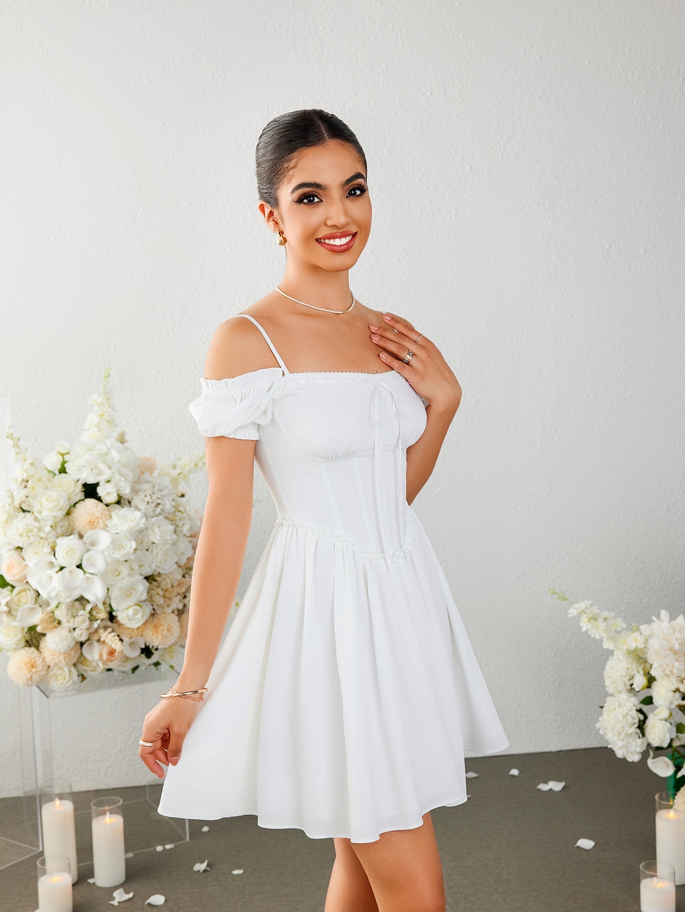 Pleated Square-neck Puff Sleeve Mini Dress