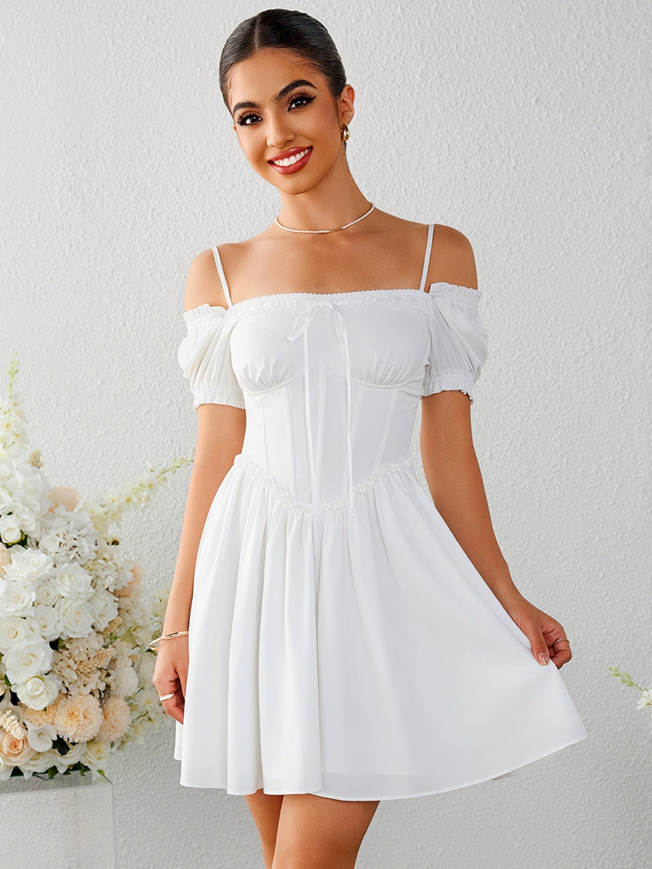 Pleated Square-neck Puff Sleeve Mini Dress