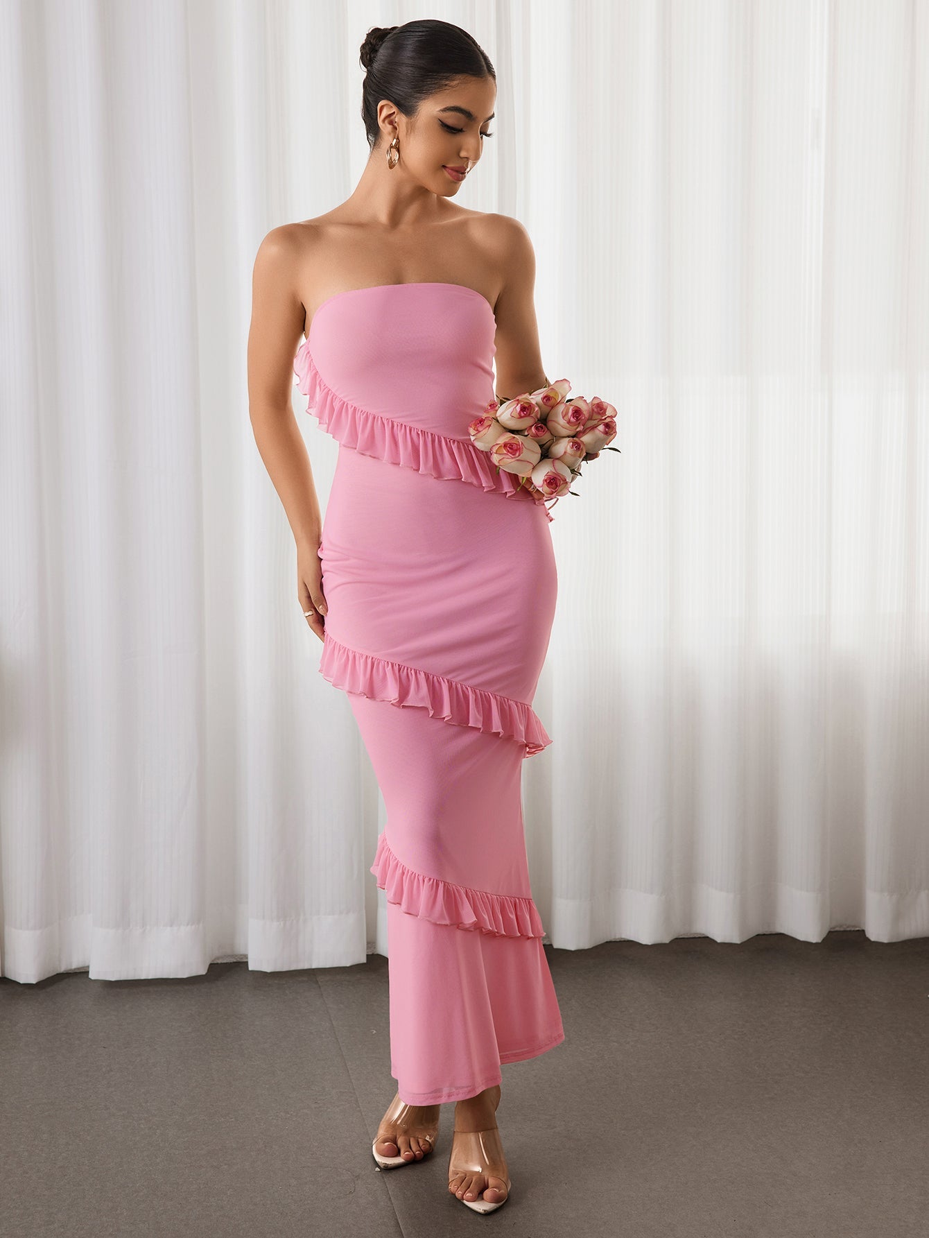 Off-The-Shoulder Ruffle Lace High-Waisted Bodycon Maxi Dress