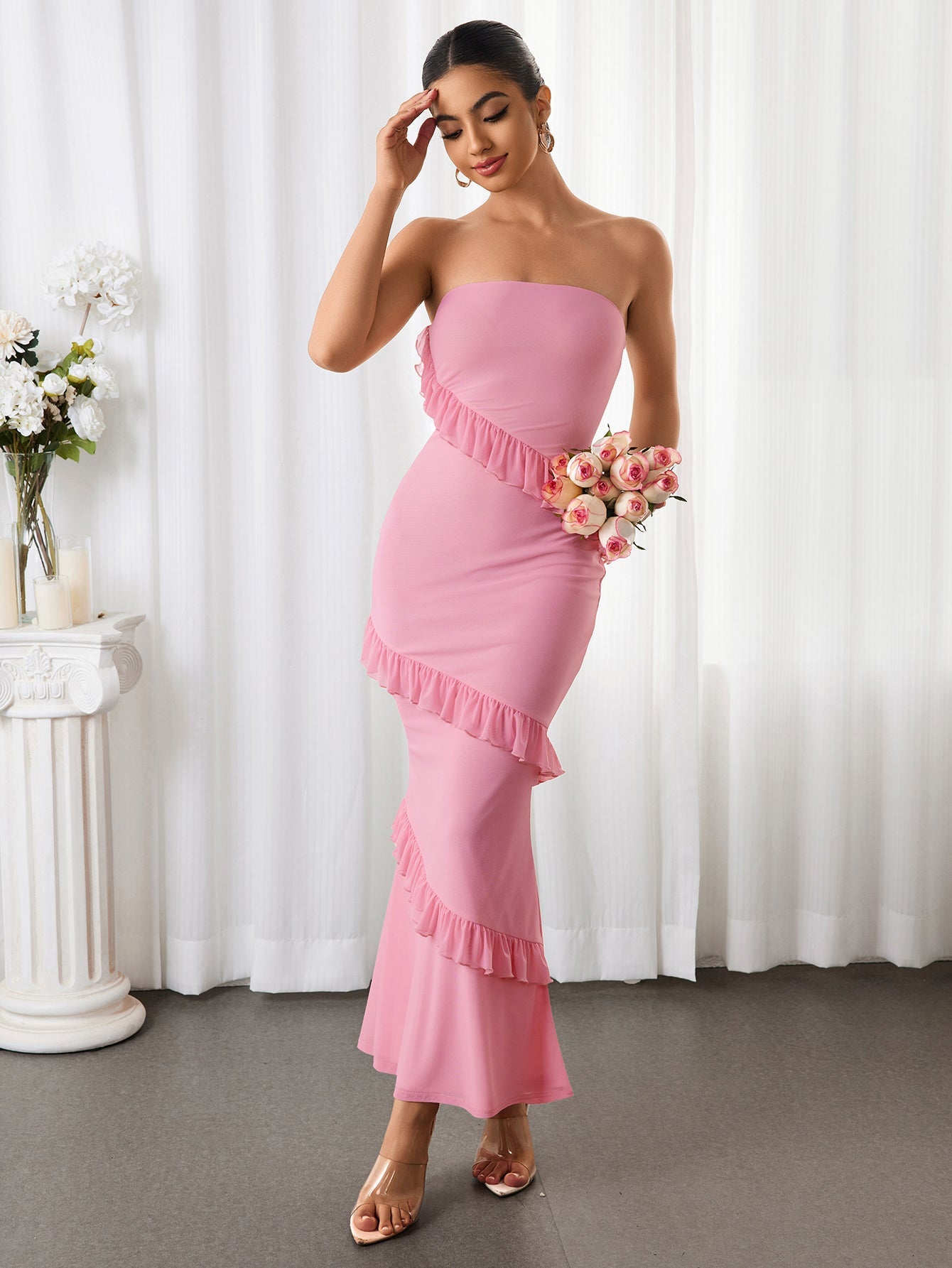 Off-The-Shoulder Ruffle Lace High-Waisted Bodycon Maxi Dress