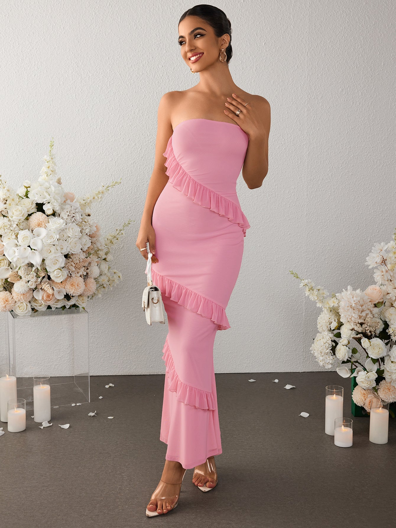 Off-The-Shoulder Ruffle Lace High-Waisted Bodycon Maxi Dress