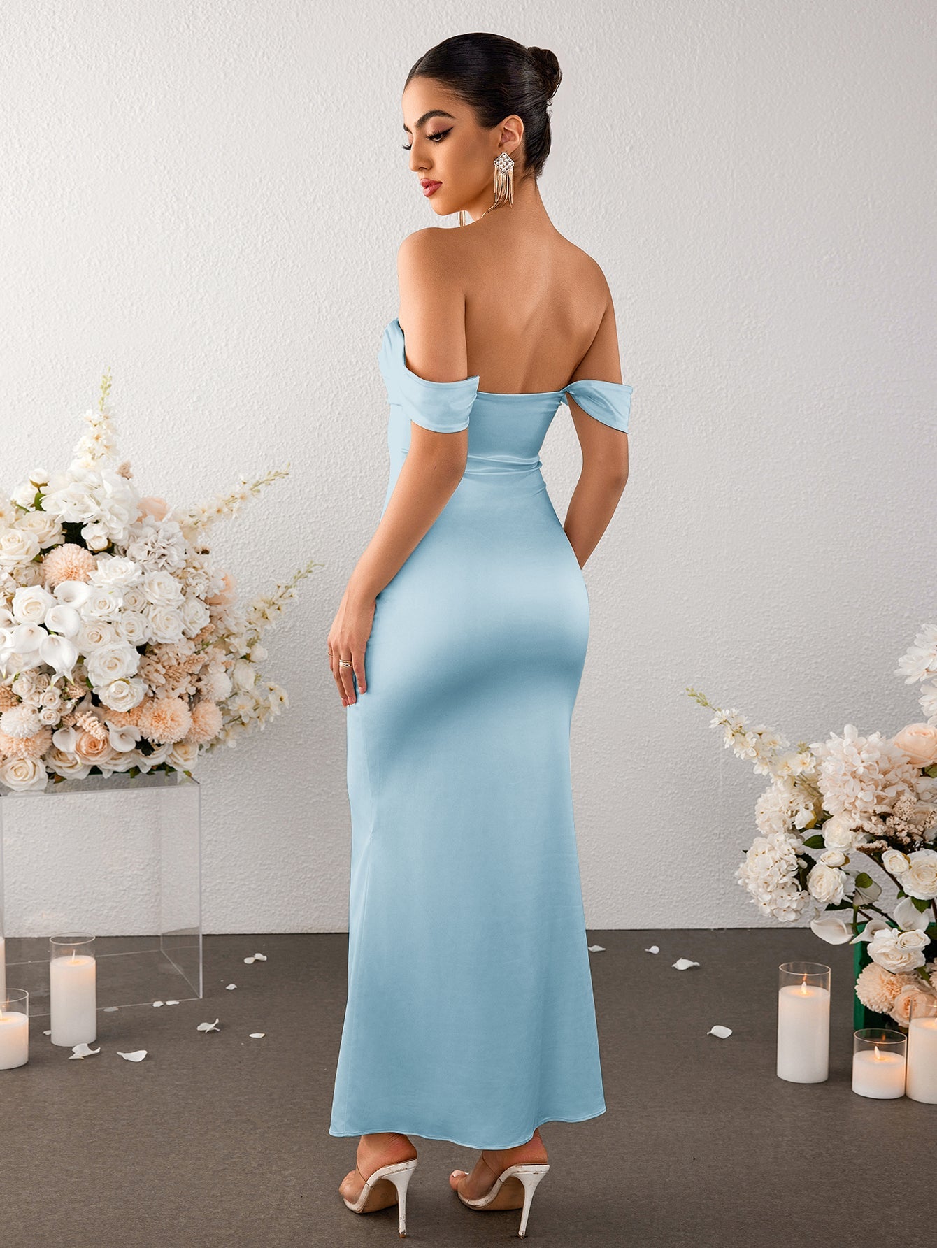 Temperament Straight-neck Satin Solid Color Bodycon Maxi Dress