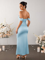 Temperament Straight-neck Satin Solid Color Bodycon Maxi Dress