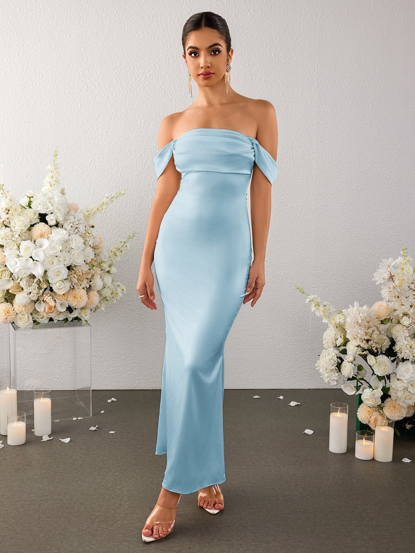 Temperament Straight-neck Satin Solid Color Bodycon Maxi Dress