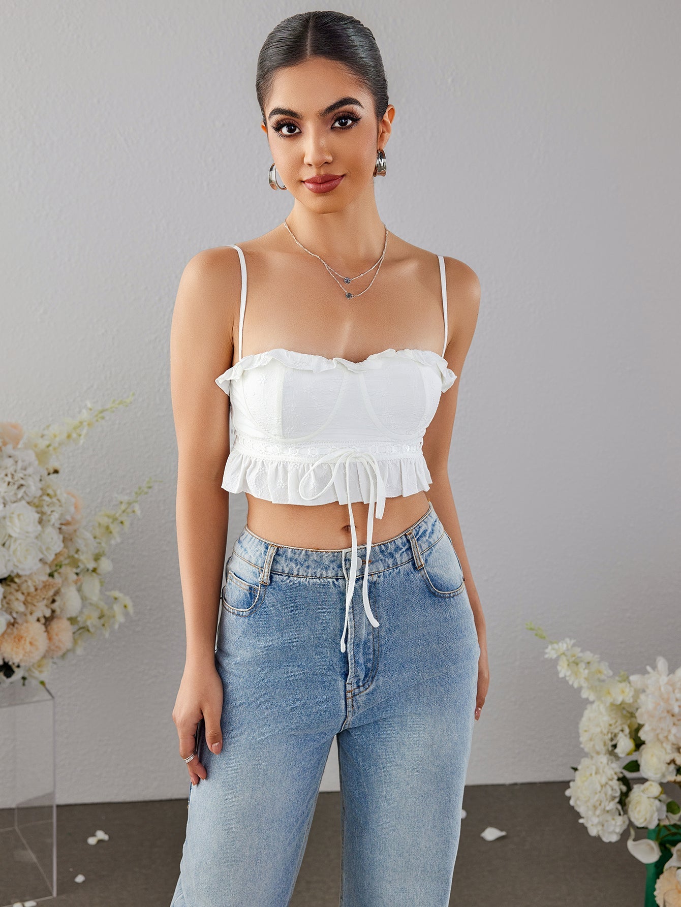 Cut-out Lace Ruffle Cropped Camisole Crop Top