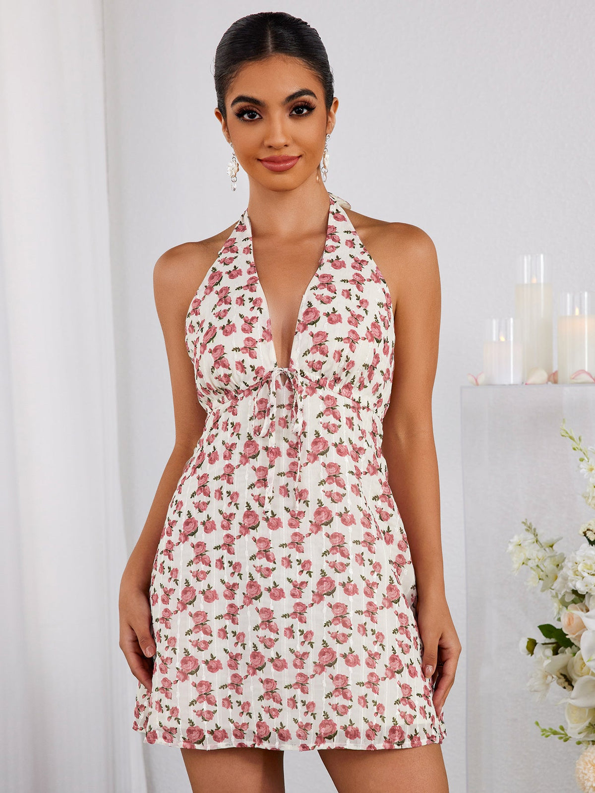 Floral Halterneck Stretch Slim-Fit Bodycon Mini Dress