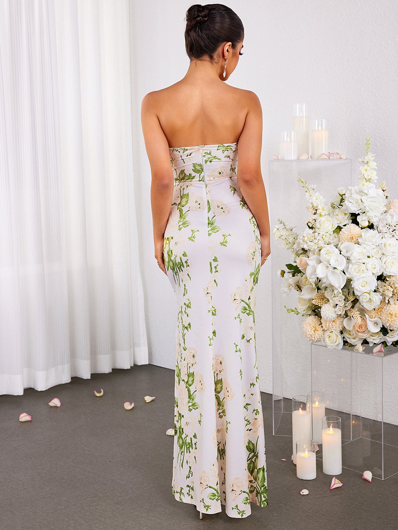 Elegantly Printed Slim-Fitting Bandeau Dress