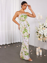 Elegantly Printed Slim-Fitting Bandeau Dress