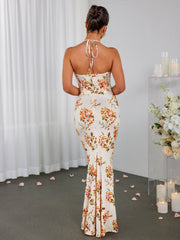 Sexy Slim Floral Pleated Backless Lace-Up Slip Maxi Dress