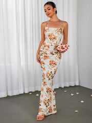 Sexy Slim Floral Pleated Backless Lace-Up Slip Maxi Dress