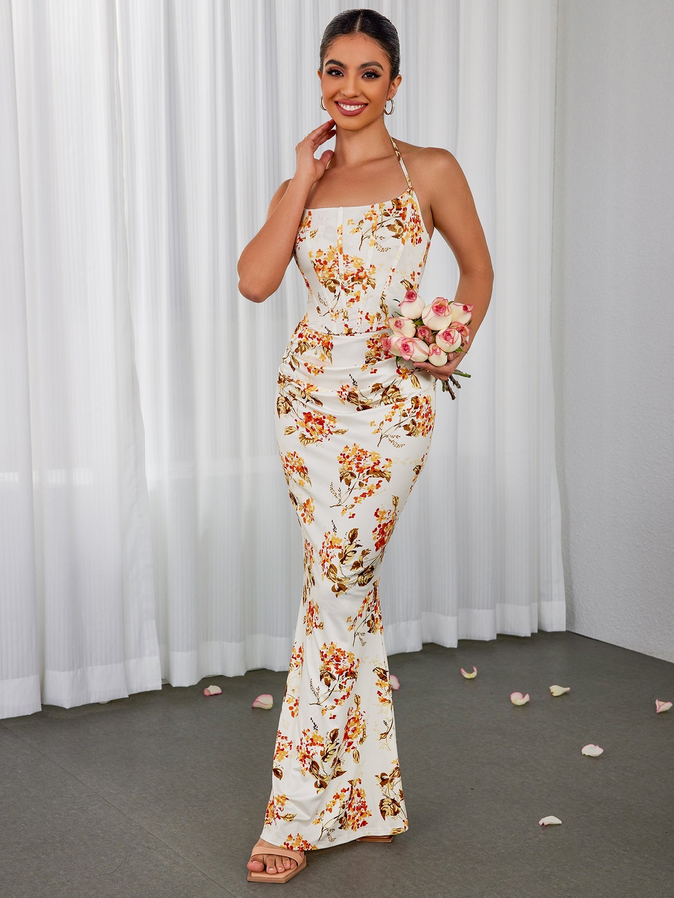 Sexy Slim Floral Pleated Backless Lace-Up Slip Maxi Dress