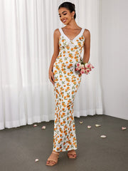 Casual Slim V-Neck Printed Dress