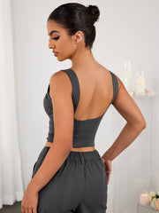 Sexy Cut-out Solid Color Cinched Waist Crop Top