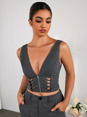Sexy Cut-out Solid Color Cinched Waist Crop Top