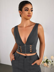Sexy Cut-out Solid Color Cinched Waist Crop Top