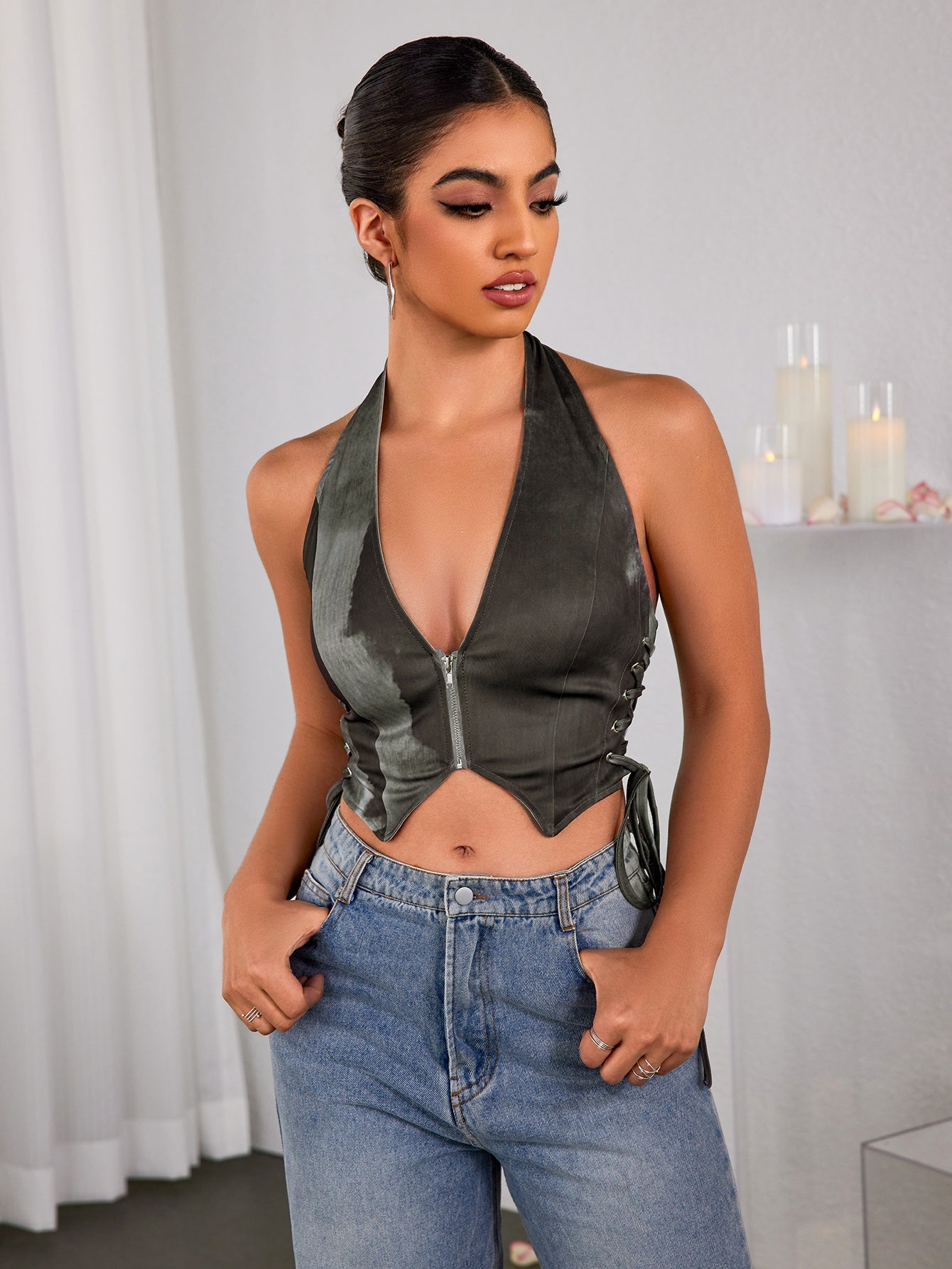 Printed Waist Halterneck Top