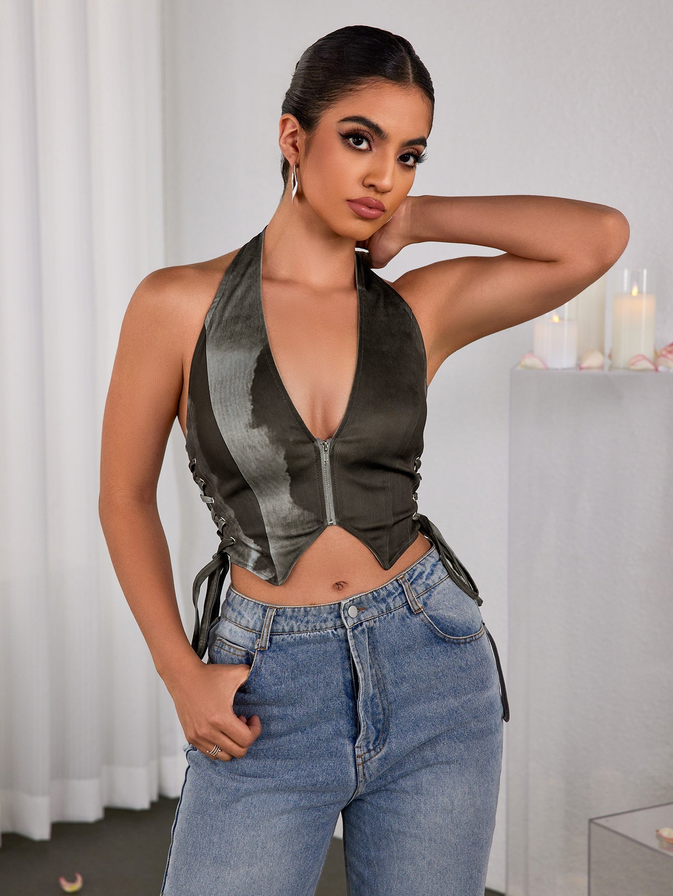 Printed Waist Halterneck Top