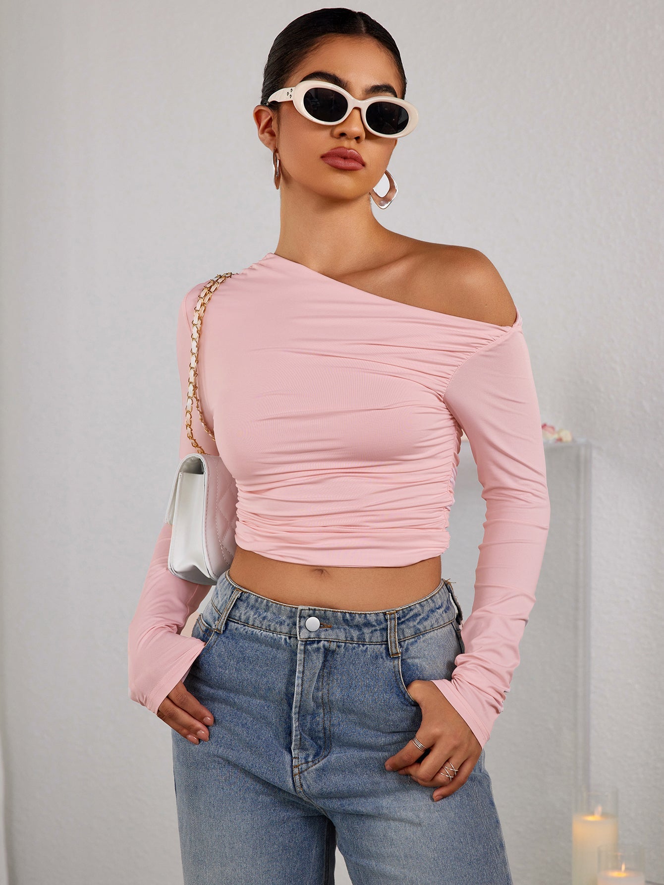 Sexy Long Sleeved Pleated Open Navel Top