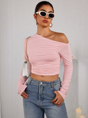 Sexy Long Sleeved Pleated Open Navel Top