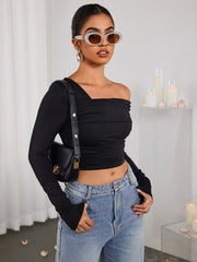 Ruched One-shoulder Long-sleeved Top