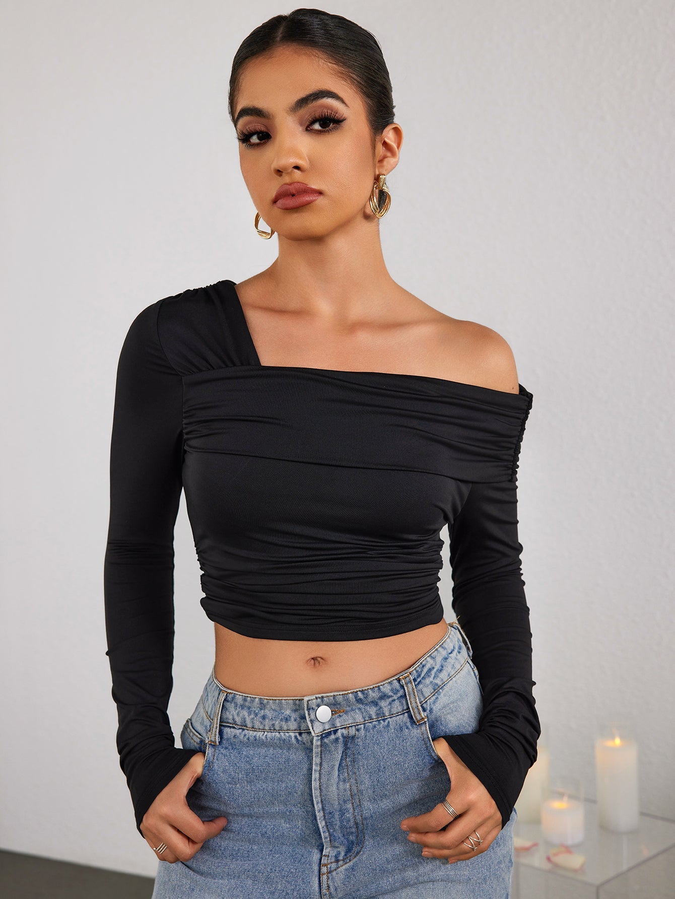 Ruched One-shoulder Long-sleeved Top
