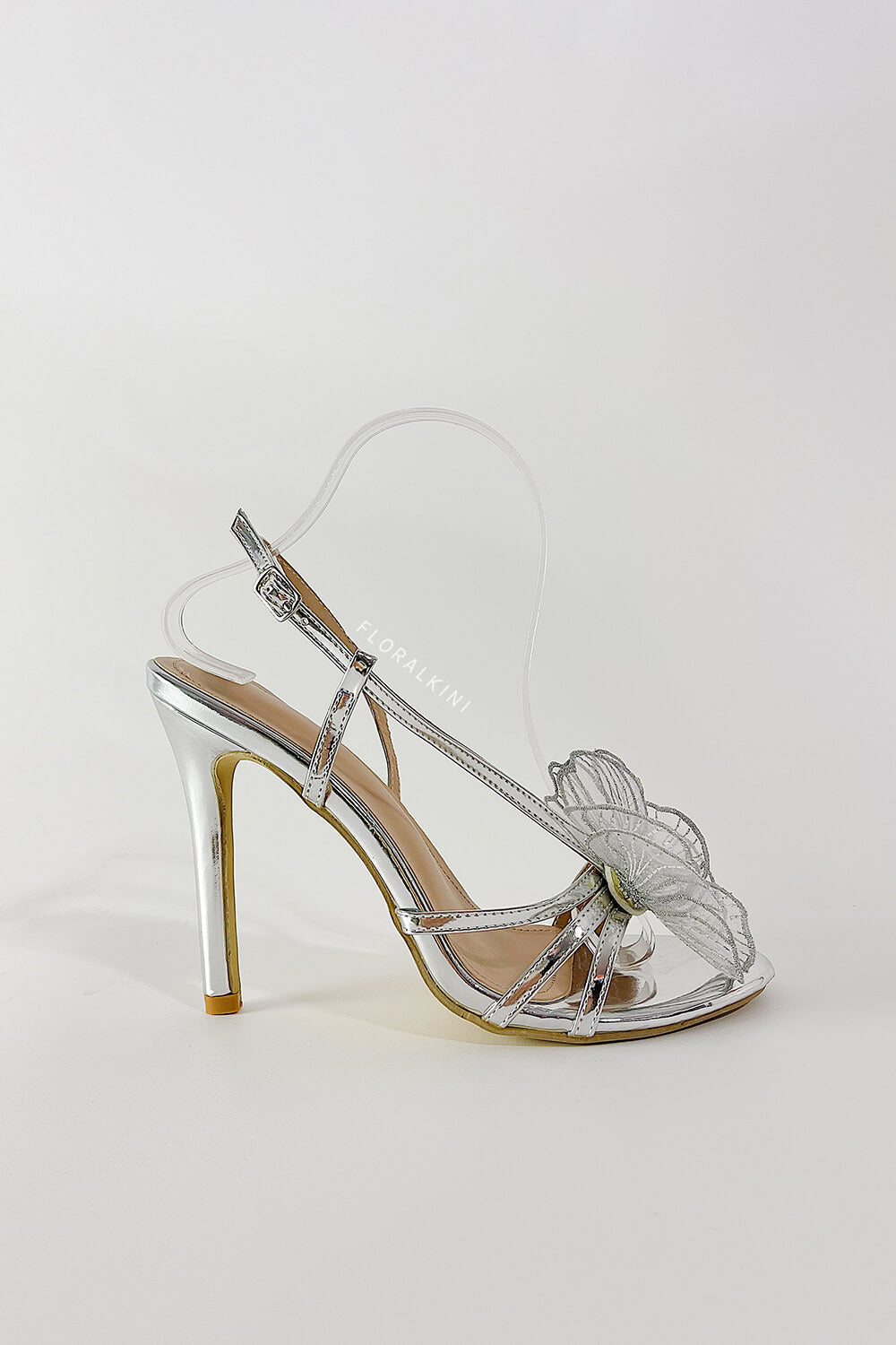 Flower Metallic Silver Rhinestone Slingback Stiletto Heels